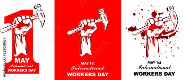 Fototapeta May first International Workers Day. International Workers Day with, holding hammer, blood splash, creative Vector illustration on red and white background.