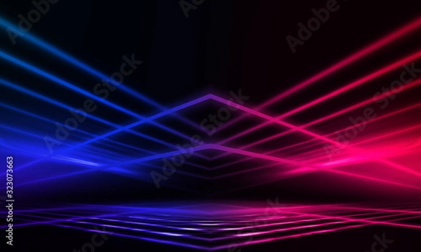 Fototapeta Empty stage, blue and pink, purple  neon, abstract background. Rays of searchlights, light, abstract tunnel, corridor.