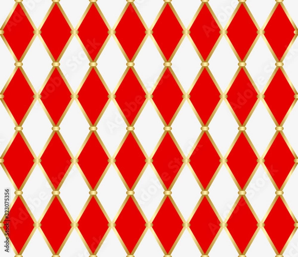 Obraz Harlequin ornament. Golden grid with red and white rhombuses. Abstract seamless pattern for interior decoration, design packaging and textile. Vector illustration