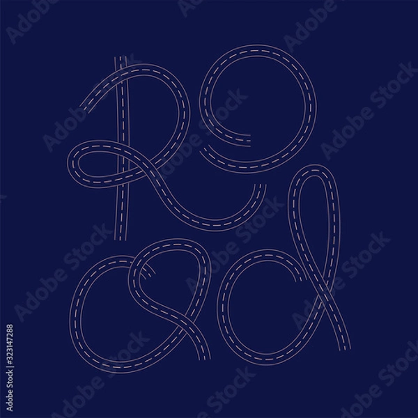Fototapeta Road lettering vector illustration. Handwritten inscription road, which is made of asphalt with markings. Print on clothes