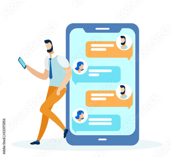 Fototapeta Social Media and Networking Concept Flat Cartoon Vector Illustration. Young Man Leaned Back to Big Mobile Phone and Chatting, Messages from Girl on Screen. Communication with Woman.