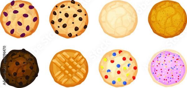 Obraz Chocolate Chip, Fudge, Sugar, Icing and Sprinkles, Peanut Butter, Oatmeal Raisin, Candy Cookies Flatlay