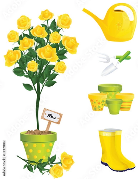Obraz Garden Items and yellow rose, vector
