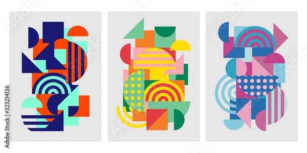 Obraz Kolorowe modne geometryczne kształty płaskie elementy wzoru. Tekstura w stylu pop-art. Nowoczesny abstrakcyjny wzór tła szablonu plakatu i okładki. Ilustracji wektorowych