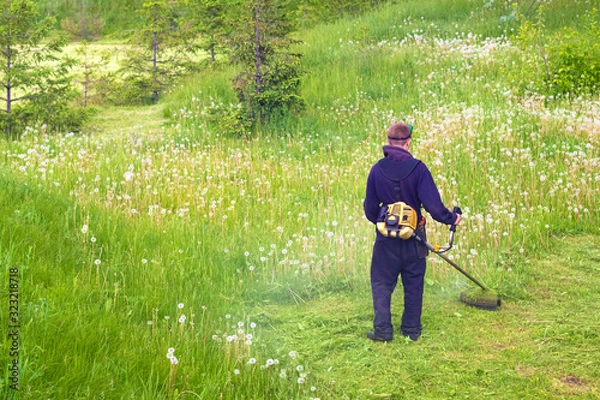 Fototapeta Worker cuts weeds with a lawn mower