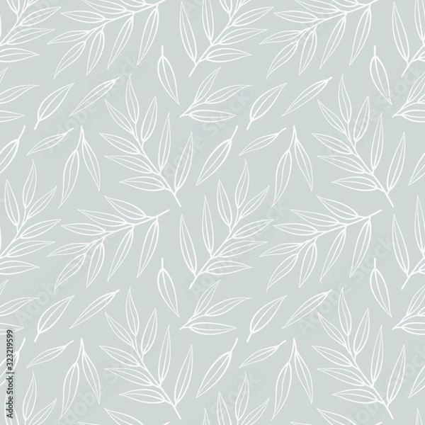 Fototapeta Vector seamless pattern with white leaves on twigs on gray background; abstract natural design for fabric, wallpaper, textile, packages, wrapping paper, web design.
