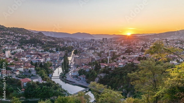 Fototapeta Sunset view of Sarajevo from most popular panoramic spot in Sarajevo timelapse.
