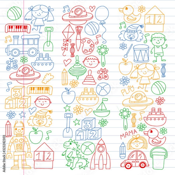 Fototapeta Kindergarten preschool school children. Kids drawing style vector pattern. Play grow learn together.