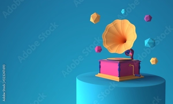 Obraz Abstract colorful gramophone on blue background pastel color 3d render illustration