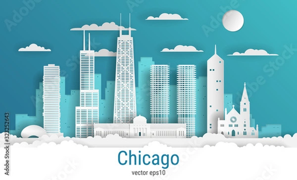 Fototapeta Cięcie papieru styl Chicago miasto, biały kolor papieru, czas ilustracji wektorowych. Pejzaż miejski ze wszystkimi słynnymi budynkami. Skyline Chicago kompozycja do projektowania.