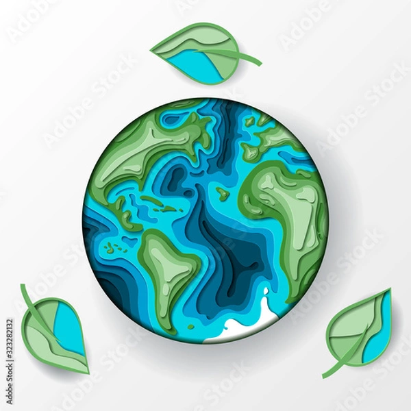 Fototapeta Earth Day. 3D paper cut style vector Illustration. Eco friendly ecology concept. Earth day papercut concept. Background for world environment day. Go green. Save the earth and mother nature. Green day