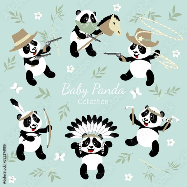Fototapeta Baby panda collection. Little funny pandas play cowboys and Indians. The illustration is decorated with plant elements.