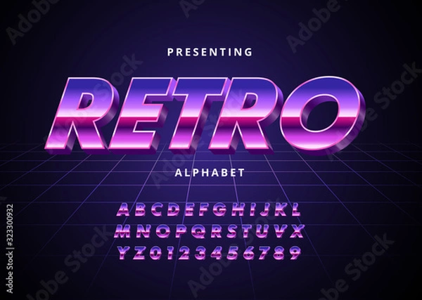 Fototapeta Retro Futuristic 80s font style. Vector alphabet with chrome effect template for game title, poster headline, old style