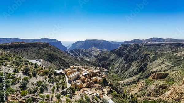 Fototapeta Scenic View of Small Rural Settlement at Jebel Akhdar Gorge in Al Hajar Mountains in Oman