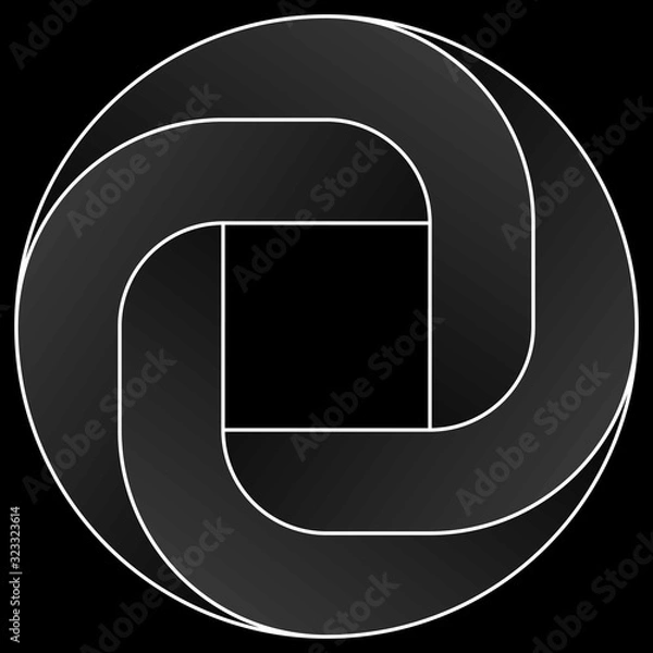 Obraz Impossible rounded square icon. White vector optical illusion shape on black background.