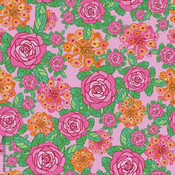 Obraz Lantana Rose Fantasy-Flowers in Bloom Seamless Repeat Pattern. Lantana, rose flowers and leaves pattern background in pink,yellow and orange. Surface pattern Design. Perfect for Fabric, Scrapbook,wall