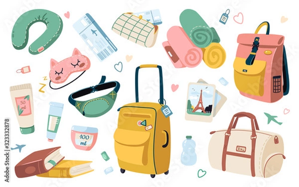 Fototapeta Set of travel stuff for vacation and holiday. Set of things for a comfortable trip aboard an airplane. Trendy isolated design 