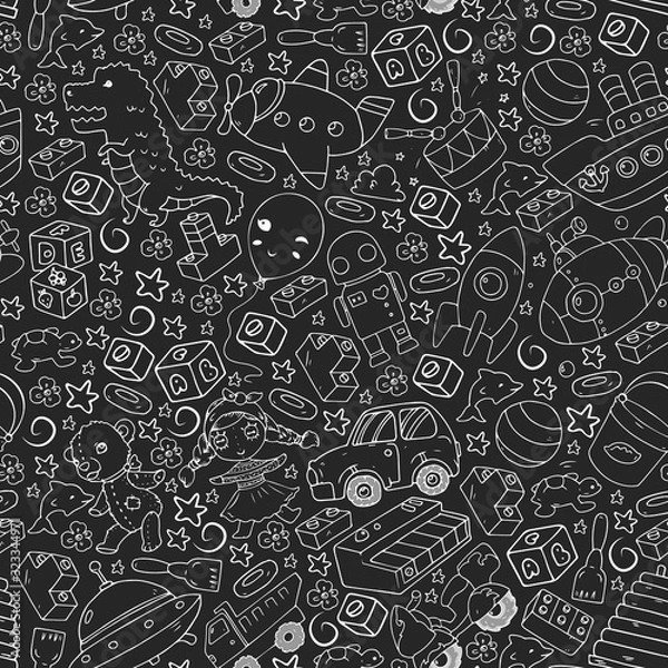 Fototapeta Vector pattern with toys for little children. Kindergarten kids playing with doll, dinosaur, submarine, airplane, car.