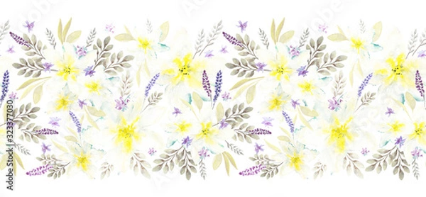 Fototapeta Softness watercolor seamless floral border. Isolated Hand drawn narcissus and abstract purple flowers with leaves on white background. Ornate element for design, card, decoration.