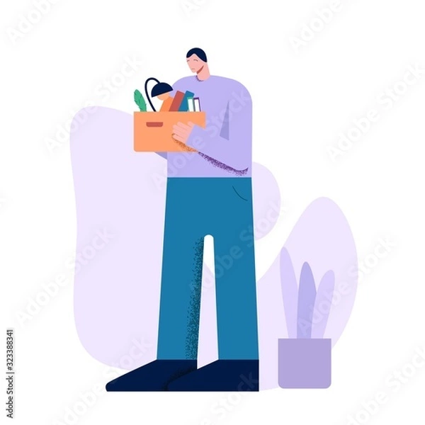 Fototapeta Unhappy cartoon male holding carrying box with things after dismissal vector flat illustration. Sad colorful man lost job feeling frustrated and having problem big limbs style isolated on white