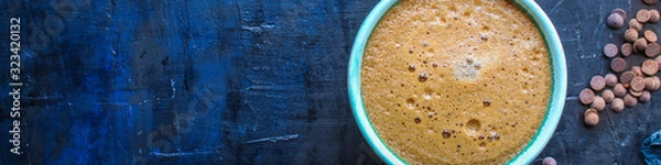 Fototapeta coffee drink and coffee grain, hot chocolate. top view. copy space