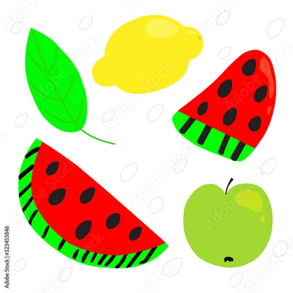 Fototapeta Bright fruits. Slices of watermelon, lemon and apple. Child's drawing summer