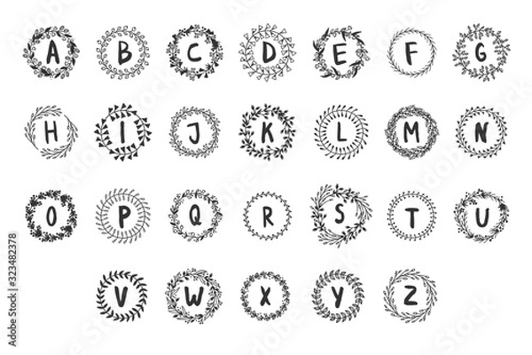Fototapeta Hand drawn monogram object for design use. Black Vector doodle flower on white background and Capital Letter. Abstract pencil boho drawing twig. Artistic illustration elements plant
