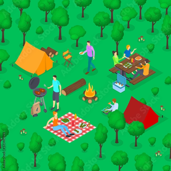 Fototapeta BBQ Picnic Concept 3d Isometric View. Vector