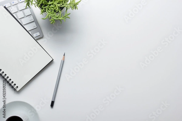 Obraz Office desk table with supplies. Flat lay Business workplace and objects. Top view. Copy space for text