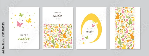 Fototapeta Easter cards set with hand drawn rabbits, eggs, butterflies, flowers and dots. Doodles and sketches vector vintage illustrations, DIN A6