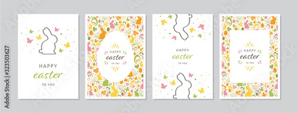 Fototapeta Easter cards set with hand drawn rabbits, eggs, butterflies, flowers and dots. Doodles and sketches vector vintage illustrations, DIN A6