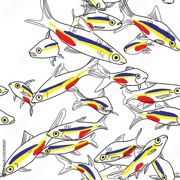 Fototapeta Seamless pattern with fishes. Neon fish, neon. Aquarium fish. Freehand drawing. Stylish background, exotic background.