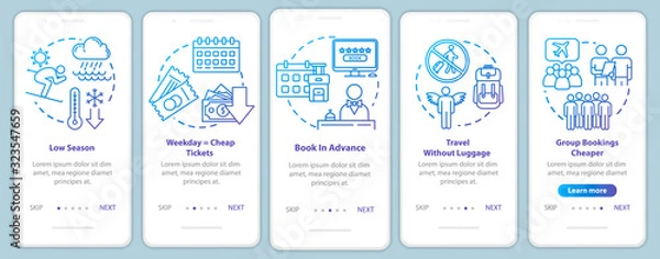 Fototapeta Reservation onboarding mobile app page screen with concepts. Low peak season. Group tour. Money saving travel walkthrough five steps graphic instructions. UI vector template, RGB color illustrations