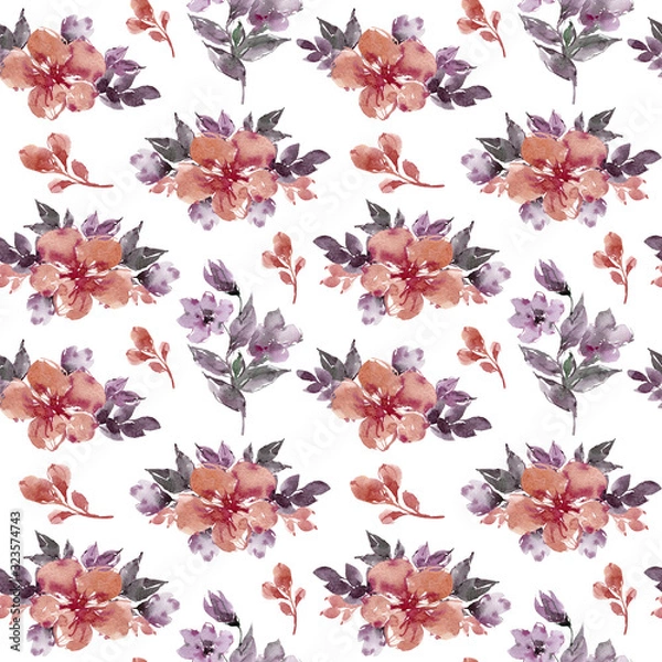 Fototapeta Seamless floral summer pattern with hand painted watercolor flowers, leaves, berries. Can be used for a poster, printing on fabric, scrapbooking, wrapping paper