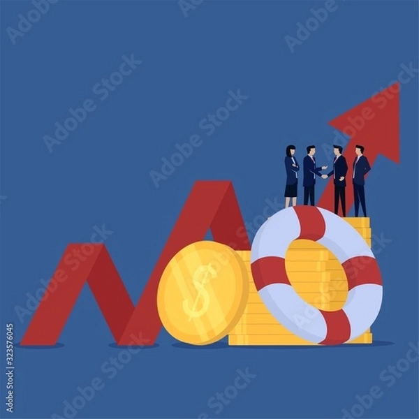 Fototapeta Business flat vector concept team handshake for sales increase with coins and lifebuoy metaphor of growth and strategy.