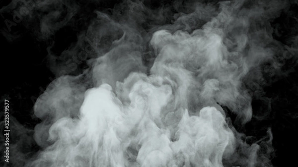 Fototapeta White water vapor steam on a black background. Realistic dry smoke clouds fog overlay. Simply drop it in and change its blending mode to screen or add.