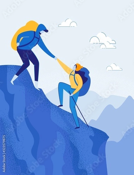 Fototapeta Travelling Couple with Backpacks, Man and Woman Cartoon Characters Climbing Rock. Mountaineering, Trekking and Hiking. Outdoor Recreation, Adventures in Nature, Vacation. Flat Vector Illustration.