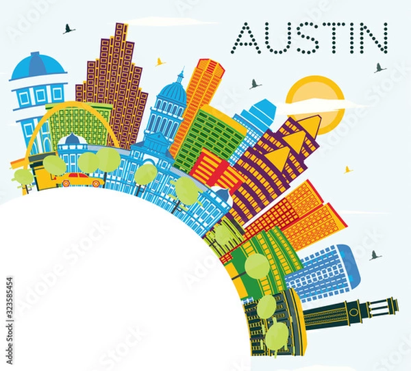 Obraz Austin Texas City Skyline with Color Buildings, Blue Sky and Copy Space.