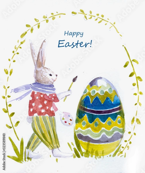 Obraz Easter bunny paints an egg. Easter card.