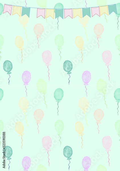 Fototapeta Holiday card. Balls, flags and garlands. Place for text. Design for birthday and party.