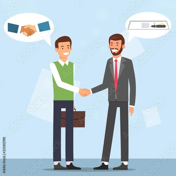 Fototapeta Handshake Two Smiling Businessman. Make Contract. Search for Colleagues. Candidate for Position. Vector Illustration. Evaluate Professional Qualities. Recruitment Agency. Recruiting Director Selection