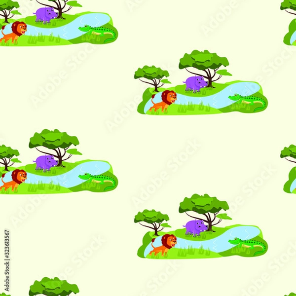 Obraz Seamless pattern with wild animals, animals in savannah, lion, crocdile, hippopotamus, vector seamless