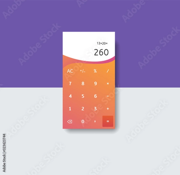 Obraz Mobile calculator smartphone interface vector template. Math app page white design layout. Simple arithmetic calculations screen. Digits subtraction flat UI.