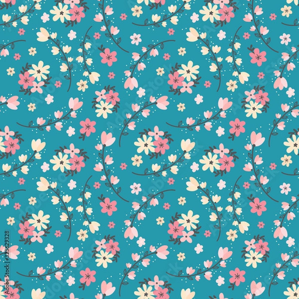 Fototapeta Abstract flower hand drawn vector seamless pattern. Blooming pink and yellow flowers and leaves botanical background, backdrop. Garden blossoms texture. Floral retro textile, fabric, wrapping paper.