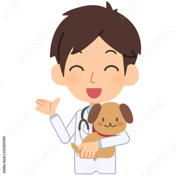 Fototapeta 説明をする笑顔の獣医と犬