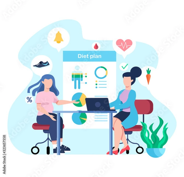 Fototapeta Diet plan concept. How to get in fit with healthy food and physical