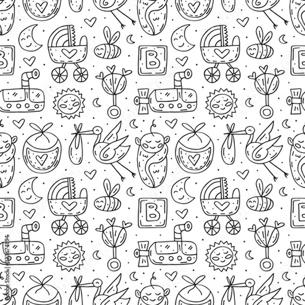 Obraz Baby care stuff, clothes, toys cartoon cute hand drawn doodle vector seamless pattern, texture, backdrop. Funny monochrome design. Isolated on white background. Kids decorative design elements. 