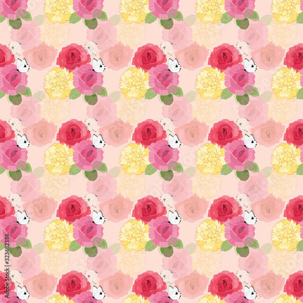 Fototapeta Seamless floral pattern with roses, butterfly and peony flowers on pink pastel background