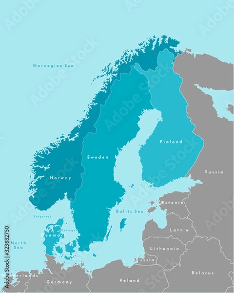Fototapeta Vector isolated illustration. Simplified political map of scandinavian and northern europe countries in blue colors (Sweden, Finland, Norway, Denmark) and nearest areas in grey. Borders of the states.