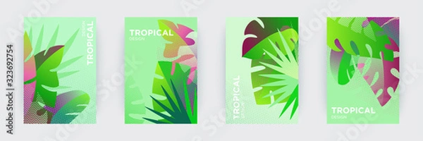Fototapeta Tropical themed creative covers set.  Colorful compositions of palm leaves and halftone patterns. Geometric design templates with place for text. Flat style vector illustration